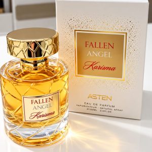 Asten Fallen Angel Karisma, apă de parfum 100 ml, flacon auriu elegant și cutie albă cu detalii aurii.