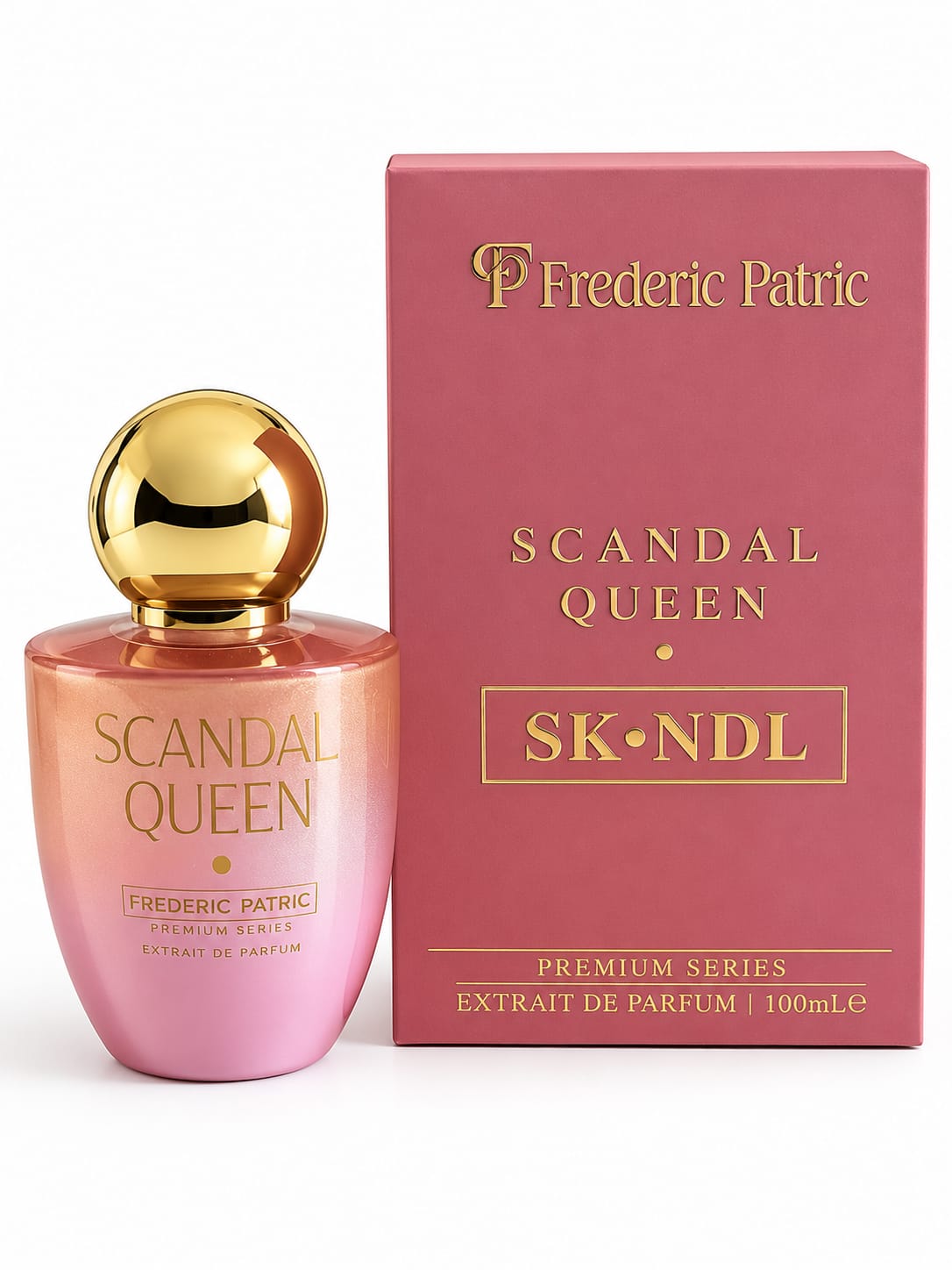 Scandal Queen by Frederic Patric – Extrait de Parfum, 100 ml Frederic Patric Scandal Queen, Extrait de Parfum pentru femei, 100 ml, flacon roz cu capac auriu și cutie originală.